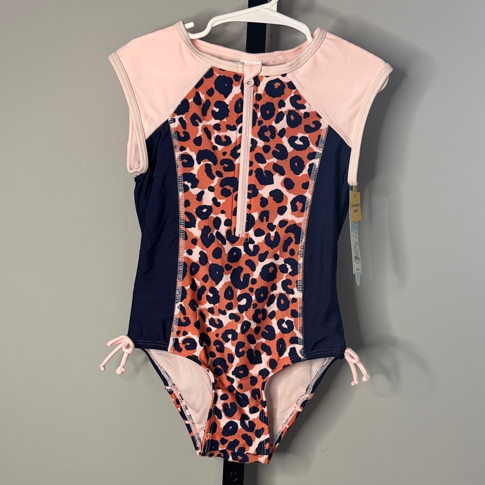 Cat & Jack Pink Navy Leopard Zip-Front Girls One-Piece Swimsuit Size 5T New NWT